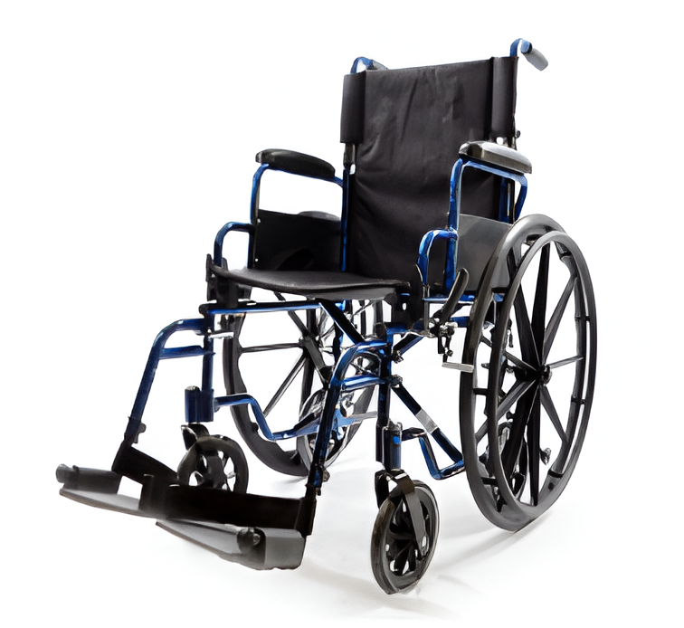 Silla de ruedas y tipo transporte en aluminio, nylon, con descansa brazo corto desmontable, pies sencillos
